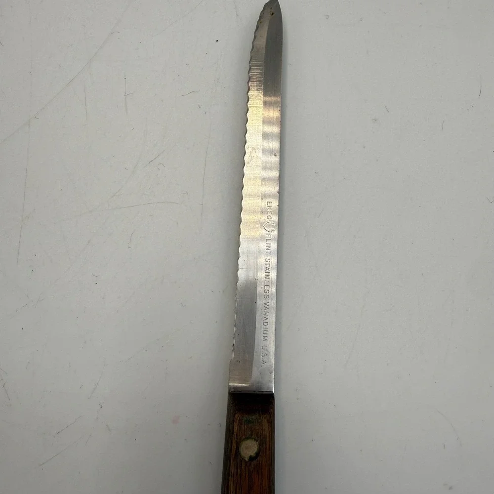 Vintage Ekco Flint Stainless Vanadium Knife and Meat Granny Fork Wood Handle USA